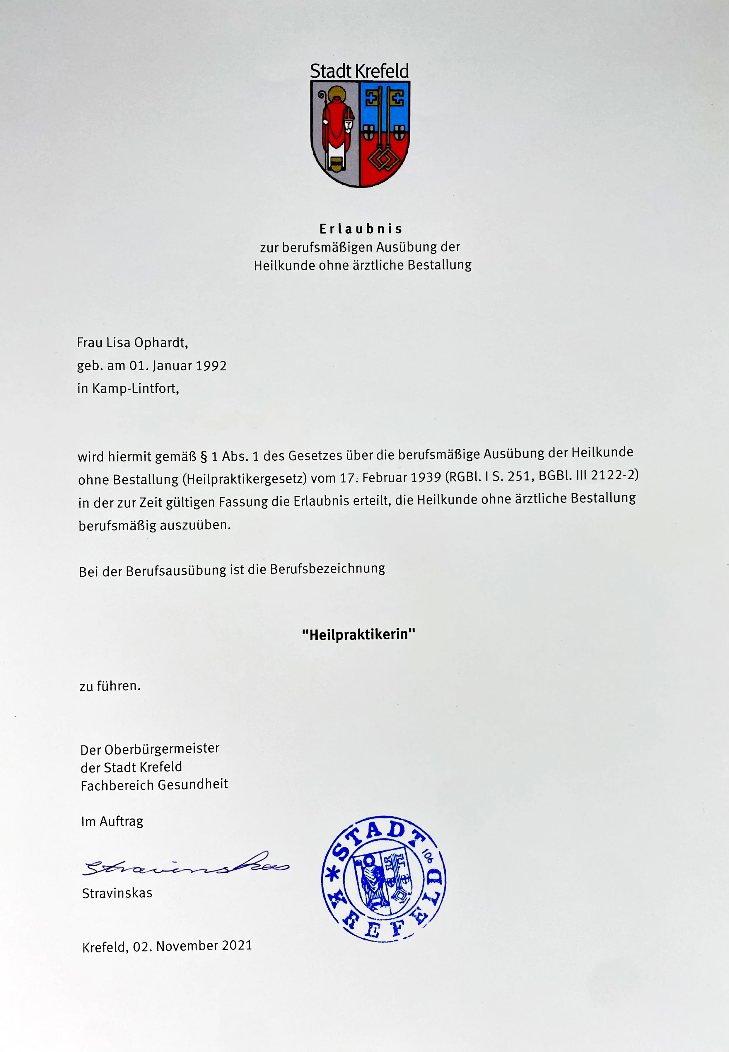 Berufsnachweis zur bestandenen Prüfung der Heilpraktikerin Lisa Ophardt.